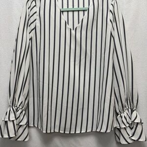 Striped V-Neck Blouse with Ruffled Sleeves